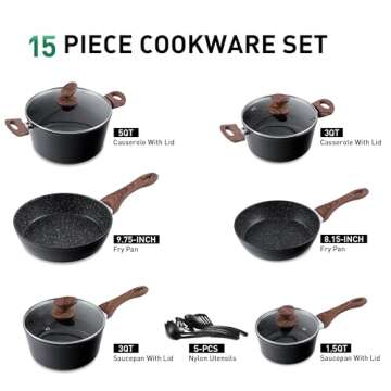 MAISON ARTS Pots and Pans Set Non Stick, 15 Pcs Non-Toxic Hammered Kitchen Cookware Sets, Black Granite Cooking Pot and Pan for Induction, Stovetop