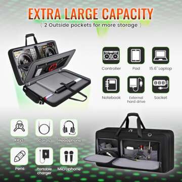 SNIGJAT DJ Controller Case for DDJ-FLX10/ 1000/ REV7/ FLX6, Padded Large Capacity DJ Controller Bag with 12 Pockets for Laptop and Music Accessories, DJ Carrying Case with Adjustable Shoulder Strap