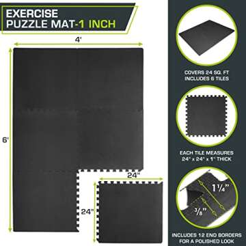 ProsourceFit Extra Thick Puzzle Exercise Mat , EVA Foam Interlocking Tiles for Protective, Cushioned Workout Flooring for Home and Gym Equipment, Black - 1 inch - 24 Sq Ft - 6 Tiles