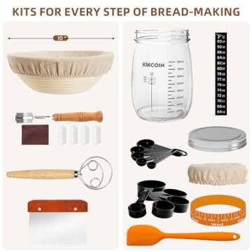 Complete Sourdough Starter Kit, Kikcoin Banneton Bread Proofing Basket Set Includes 35oz Sourdough Starter Jar, Sourdough Bread Baking Supplies with Bread Lame, Danish Whisk, Dough Scraper