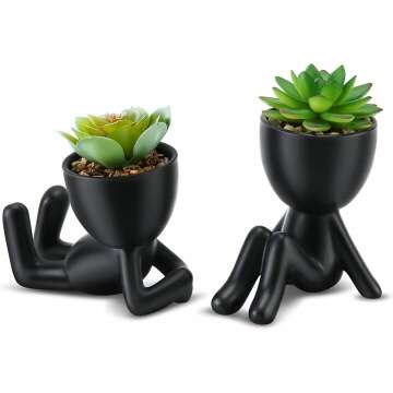 Fake Succulent, Mini Succulents Plants Artificial in Black Modern Human Shaped Ceramic Pots Cute Desk Decor Desk Plant for Office Decor for Women, Cute Fake Plants Bathroom Decor 2PCS