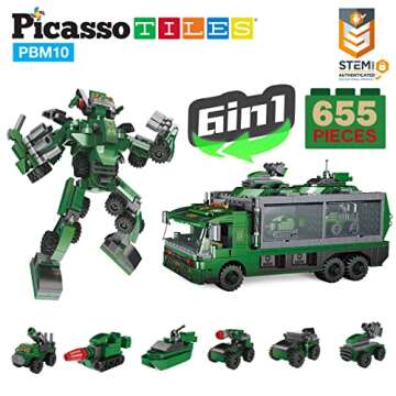 PicassoTiles 655pc Transformer Building Brick Military Army Truck Vehicle Model 6-in-1 Robot STEM Learning Engineering Educational Block Toy Kit Kid Boys & Girls Ages 6+ Blocks Storage Box DIY Playset