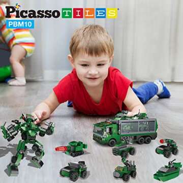 PicassoTiles 655pc Transformer Building Brick Military Army Truck Vehicle Model 6-in-1 Robot STEM Learning Engineering Educational Block Toy Kit Kid Boys & Girls Ages 6+ Blocks Storage Box DIY Playset