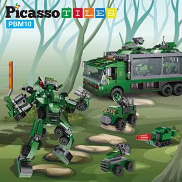 PicassoTiles 655pc Transformer Building Brick Military Army Truck Vehicle Model 6-in-1 Robot STEM Learning Engineering Educational Block Toy Kit Kid Boys & Girls Ages 6+ Blocks Storage Box DIY Playset