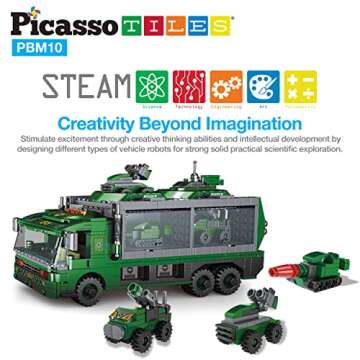 PicassoTiles 655pc Transformer Building Brick Military Army Truck Vehicle Model 6-in-1 Robot STEM Learning Engineering Educational Block Toy Kit Kid Boys & Girls Ages 6+ Blocks Storage Box DIY Playset