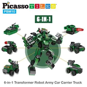 PicassoTiles 655pc Transformer Building Brick Military Army Truck Vehicle Model 6-in-1 Robot STEM Learning Engineering Educational Block Toy Kit Kid Boys & Girls Ages 6+ Blocks Storage Box DIY Playset