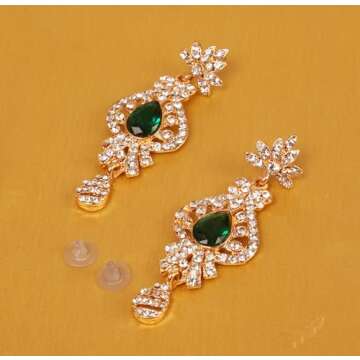 Touchstone Indian Bollywood Desire Traditional Indian Peacock Motif Faceted Faux Emerald White Rhinestones Grand Designer Jewelry Long Chandelier Earrings In Gold Tone For Women.