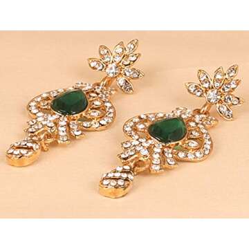 Touchstone Indian Bollywood Desire Traditional Indian Peacock Motif Faceted Faux Emerald White Rhinestones Grand Designer Jewelry Long Chandelier Earrings In Gold Tone For Women.