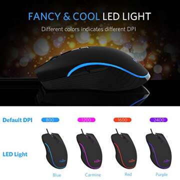 Fiodio Wired Gaming Mouse, 4 RGB LED Backlight Modes Computer Gaming Mice, Comfortable Ergonomic Optical PC Laptop Gamer Mouse for Windows 7/8.1/10