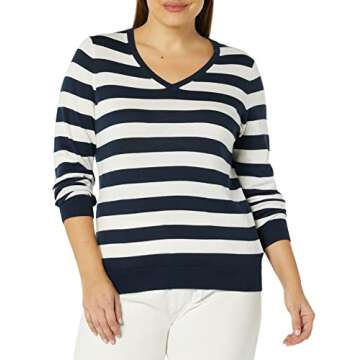 Amazon Essentials Women's Classic-Fit Lightweight Long-Sleeve V-Neck Sweater (Available in Plus Size), Navy White Rugby Stripe, Small