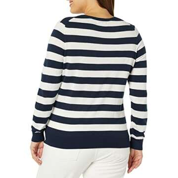 Amazon Essentials Women's Classic-Fit Lightweight Long-Sleeve V-Neck Sweater (Available in Plus Size), Navy White Rugby Stripe, Small