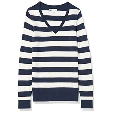 Amazon Essentials Women's Classic-Fit Lightweight Long-Sleeve V-Neck Sweater (Available in Plus Size), Navy White Rugby Stripe, Small