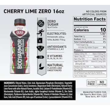 BODYARMOR ZERO Sugar Cherry Lime, Sugar Free Sports Drink - Low-Calorie Hydration - Natural Flavors with Potassium Packed Electrolytes, Antioxidants, and B-vitamins, 16 fl oz (pack of 12)