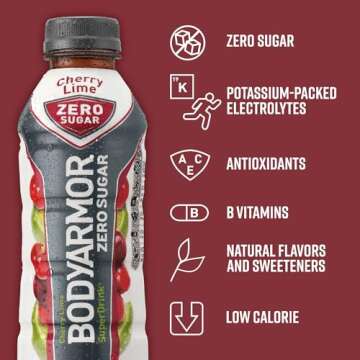 BODYARMOR ZERO Sugar Cherry Lime, Sugar Free Sports Drink - Low-Calorie Hydration - Natural Flavors with Potassium Packed Electrolytes, Antioxidants, and B-vitamins, 16 fl oz (pack of 12)