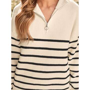 LILLUSORY Women's Quarter Zip Striped Oversized Sweater Mock Turtleneck Pullover Fall Fashion Outfit Winter Trendy Clothes Apricot Black S