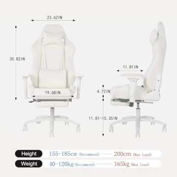 HOMRACER Gaming Chair for Office and Home, Footrest and Seat Height Adjustable Swivel Ergonomic Video Game Chair, Computer Chair with Headrest and Lumbar Support for Adults Big Man Women(White)