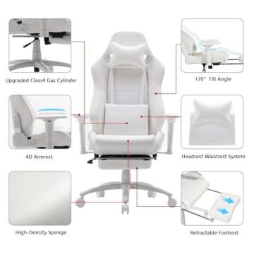 HOMRACER Gaming Chair for Office and Home, Footrest and Seat Height Adjustable Swivel Ergonomic Video Game Chair, Computer Chair with Headrest and Lumbar Support for Adults Big Man Women(White)