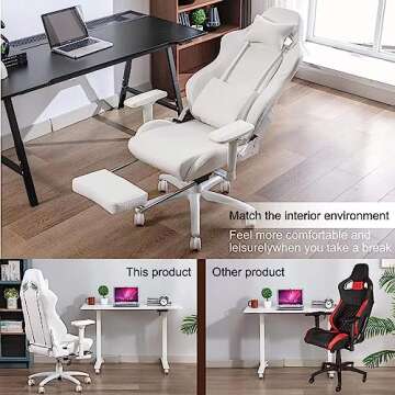 HOMRACER Gaming Chair for Office and Home, Footrest and Seat Height Adjustable Swivel Ergonomic Video Game Chair, Computer Chair with Headrest and Lumbar Support for Adults Big Man Women(White)