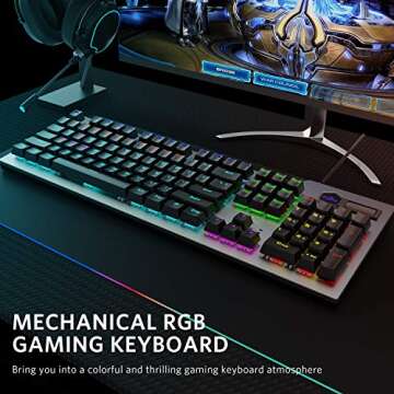 FIODIO Mechanical Gaming Keyboard, Wired RGB Rainbow Backlit Keyboard with Blue Switches, Ergonomic Standard Keyboard for Desktop, Computer, PC