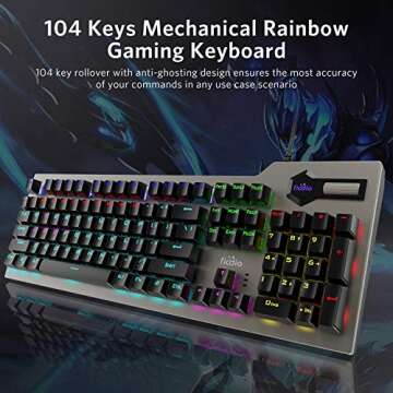 FIODIO Mechanical Gaming Keyboard, Wired RGB Rainbow Backlit Keyboard with Blue Switches, Ergonomic Standard Keyboard for Desktop, Computer, PC