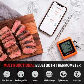 ThermoPro 650 ft Wireless Meat Thermometer for Smoker Grill, Meat Thermometer Digital Wireless with 2 Probes, Bluetooth Meat Thermometer Rechargeable, Smoker thermometer for Cooking Turkey Fish Beef