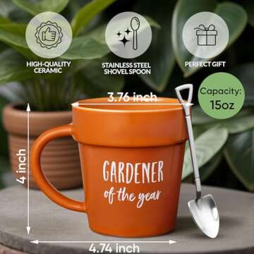 VELENTI Gardener Coffee Mug Gift - Funny Plant Pot Mug with Shovel Spoon - Cool Coffee Mugs for Men, Women - Mug for Gardeners, Dad Birthday Gifts, Cute Mom Christmas Gifts (Gardener Coffee Mug)