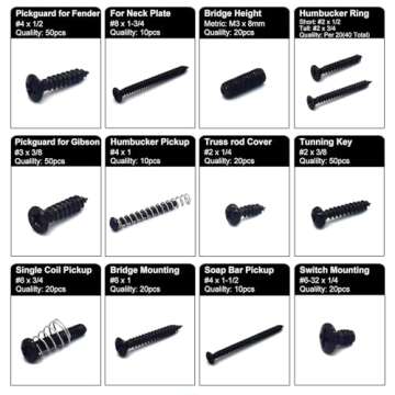 Guitar Screws Kit,304 Stainless Steel, #2#3#4#6#8 fit Fender & Gibson Pickguard, for Neck Plate Tuning Humbucker SingleCoil Pickup TrussRod Cover Bridge Selector Switch (Stainless Steel Black Coated)