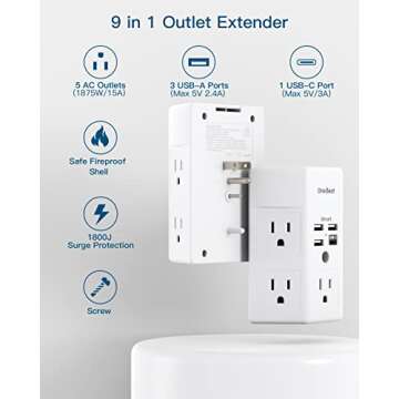 Surge Protector, 5 Outlets Extender with 4 USB Ports(USB C), 3-Side 1800J Power Strip Multi Plug Outlet Expander, Charger, Outlet Splitter Adapter Wall Mount for Home Travel Office ETL Listed