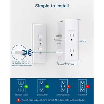 Surge Protector, 5 Outlets Extender with 4 USB Ports(USB C), 3-Side 1800J Power Strip Multi Plug Outlet Expander, Charger, Outlet Splitter Adapter Wall Mount for Home Travel Office ETL Listed