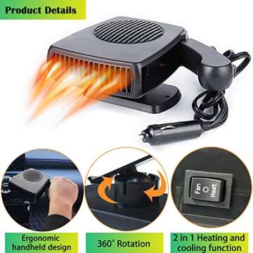 Car Heater, 12V 200W Automobile Windscreen Fan Function for Quickly Defrost Defogger Demister Vehicle Heater Plug in Cigarette Lighter 2 in 1 Fast Heating/Cooling (Large)