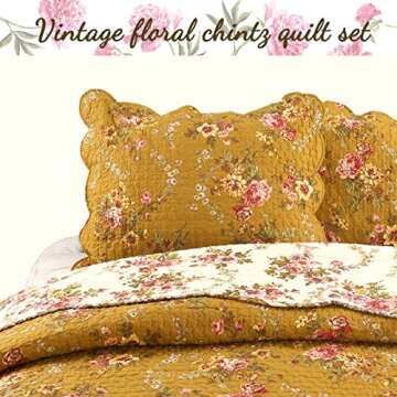 Cozy Line Home Fashions Perry Mustard Yellow Floral Blooming Flower Printed 100% Cotton Vintage Quilt Bedding Set Reversible Coverlet Bedspread (Camellia, Queen - 3 Piece)