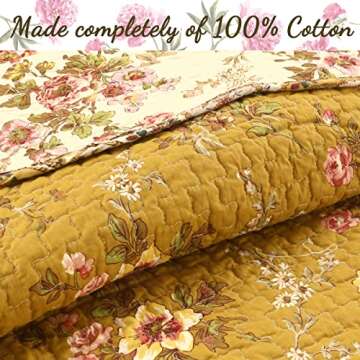 Cozy Line Home Fashions Perry Mustard Yellow Floral Blooming Flower Printed 100% Cotton Vintage Quilt Bedding Set Reversible Coverlet Bedspread (Camellia, Queen - 3 Piece)