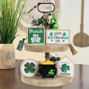 Joyseller St. Patrick's Day Decorations | 6PCS St. Patrick's Day Tiered Tray Decor | Luck Shamrock Wooden Signs Irish Decor | Happy Saint Patrick’s Centerpiece for Home Table Shelf Party