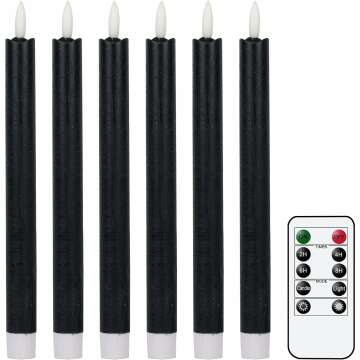GenSwin Flameless Black Taper Candles Flickering with 10-Key Remote, Battery Operated Led Warm 3D Wick Light Window Candles Real Wax Pack of 6, Christmas Home Wedding Decor(0.78 X 9.64 Inch)