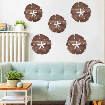 5 Pcs Summer Coastal Wall Decor Sand Dollar Wall Decor Beach Wall Art Decor 8" and 10" Wood Ocean Sand Dollar Decor Wooden Coastal Wall Art Hanging Signs for Home Bathroom Bedroom Decor, 2 Sizes