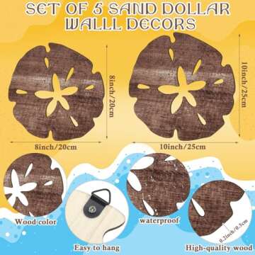 5 Pcs Summer Coastal Wall Decor Sand Dollar Wall Decor Beach Wall Art Decor 8" and 10" Wood Ocean Sand Dollar Decor Wooden Coastal Wall Art Hanging Signs for Home Bathroom Bedroom Decor, 2 Sizes