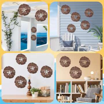 5 Pcs Summer Coastal Wall Decor Sand Dollar Wall Decor Beach Wall Art Decor 8" and 10" Wood Ocean Sand Dollar Decor Wooden Coastal Wall Art Hanging Signs for Home Bathroom Bedroom Decor, 2 Sizes