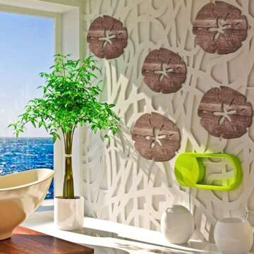 5 Pcs Summer Coastal Wall Decor Sand Dollar Wall Decor Beach Wall Art Decor 8" and 10" Wood Ocean Sand Dollar Decor Wooden Coastal Wall Art Hanging Signs for Home Bathroom Bedroom Decor, 2 Sizes