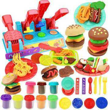 Kitchen Creations Color Dough Toy Noodle Pasta Burger Hotdog Food Maker Modeling Clay Dough Playset for Kids Girls Boys Gift with 8 Compound Multi Colors Dough Pack of 21Pcs