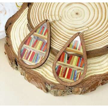 INLOLLY Wooden Book Earrings Teacher Earrings Librarian Book Lovers Gifts for Women Girls, Funky Unique Bookcase Book Shelf Science Earrings Jewelry, Handmade Book Club Readers Reading Gifts Presents