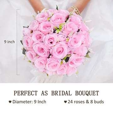 Febou 9 inch Wedding Bouquets for Bride Bridesmaid Bridal Bouquet Artificial Rose Tossing Bouquet for Wedding Ceremony Party Church (Pink)