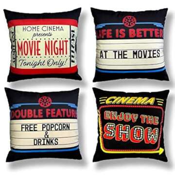 Movie Theater Decor Vintage Cinema Pillow Covers 4 Pack - Soft Luxury Velvet Pillow Covers for Movie Night & Home Theater Decor Decorative Decoration Sofa Couch Theatre Throw Pillows Cushion Cover