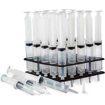 EZ-Inject 25 Pack (1oz) Jello Shot Syringes Combo with Tray/Racking Stand - 100% Safe & Reusable Plastic Syringes for Jello Shots - Small Syringe Shots Holiday and Halloween Party Supplies for Adults