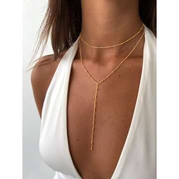 ASCOMY Lariat Gold Necklace for Women Dainty Long Necklaces 14K Gold Plated Layered Beads Chain Y-Shaped Chain Necklaces Trim Shoulders Neck Simple Long Y Necklaces Jewelry Gift for Women