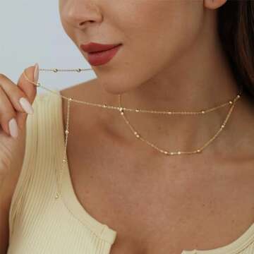 ASCOMY Lariat Gold Necklace for Women Dainty Long Necklaces 14K Gold Plated Layered Beads Chain Y-Shaped Chain Necklaces Trim Shoulders Neck Simple Long Y Necklaces Jewelry Gift for Women