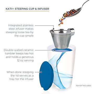 Tea Forte Kati Cup Bleu, Ceramic Tea Infuser Cup with Infuser Basket and Lid for Steeping Loose Leaf Tea