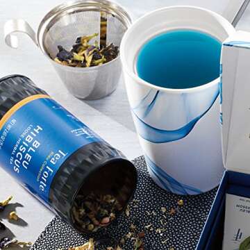 Tea Forte Kati Cup Bleu, Ceramic Tea Infuser Cup with Infuser Basket and Lid for Steeping Loose Leaf Tea