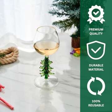 Crystal Christmas Holiday Tree Stemmed Wine Glass - Green - 10 oz Goblet Bordeaux Red & Forest Colored Glassware, Cheerful Party Festive New Years Cheer for Holiday Gift Xmas & Winter Season - 1 Set