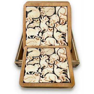 Cute Cat Wooden Puzzle Coaster Set for Cat Lovers