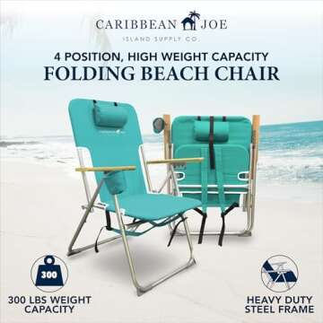 Caribbean Joe Folding Beach Chair, 4 Position Portable Backpack Foldable Camping Chair with Headrest, Cup Holder, and Wooden Armrests, Teal